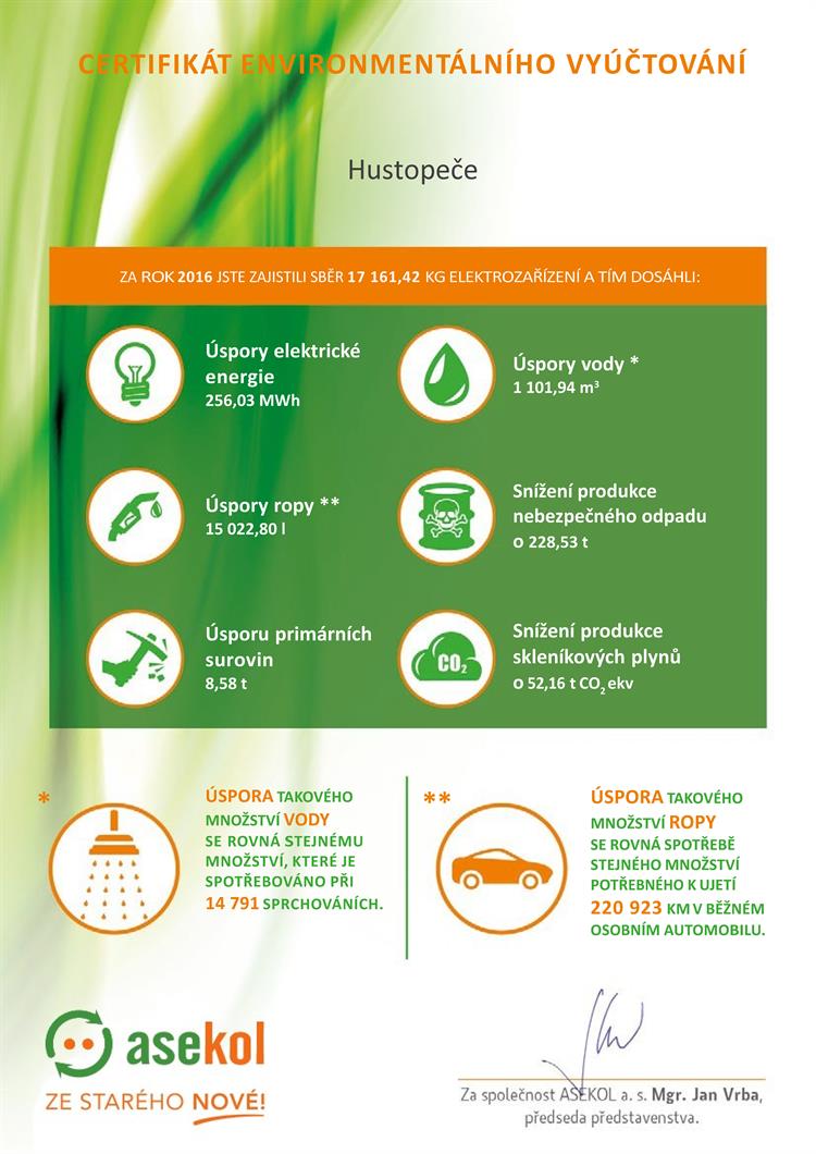 Certifikát k Environmentálnímu vyúčtování za rok 2016. Jde o  přesný výpočet přínosu pro životní prostředí, který vznikl na základě zpětného odběru a recyklace  vysloužilých elektrospotřebičů odevzdaných obyvateli města Hustopeče, FOTO: archiv MěÚ
