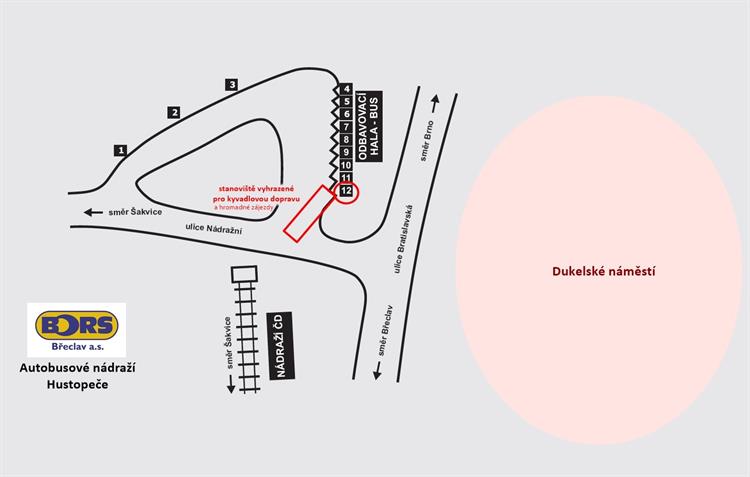 Mapa autobusového nádraží u náměstí  (výstup a nástup kyvadlové dopravy, výstup a nástup pro hromadné zájezdy)