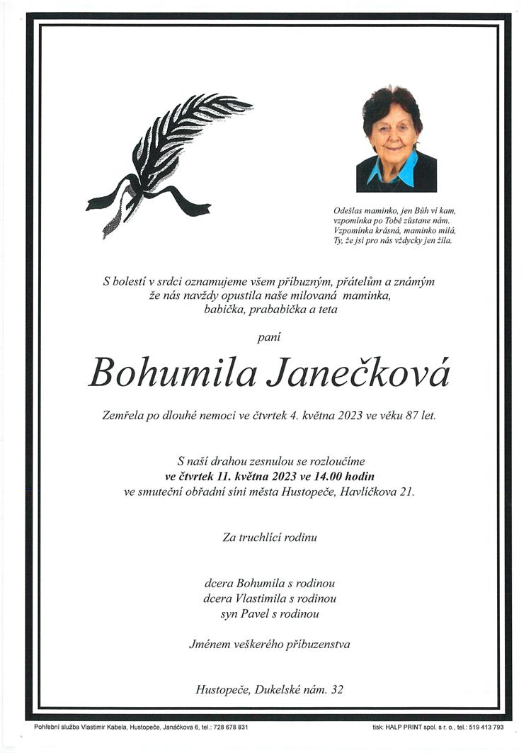 Janečková Bohumila +4.5.2023